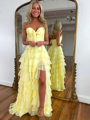 Fuchsia A-Line Sweetheart Chiffon Tiered Long Prom Dress with Slit