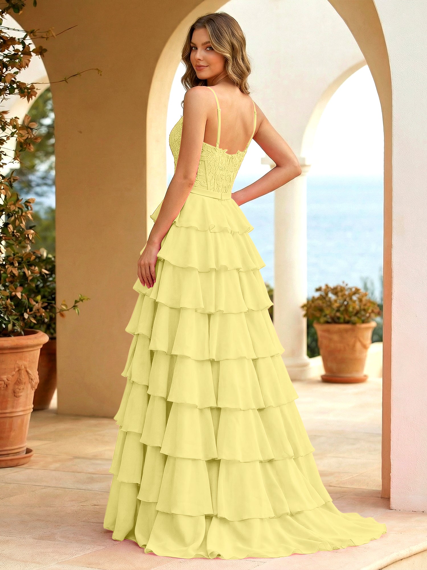 Pink Lace Corset Tiered Ruffle Long Prom Dress