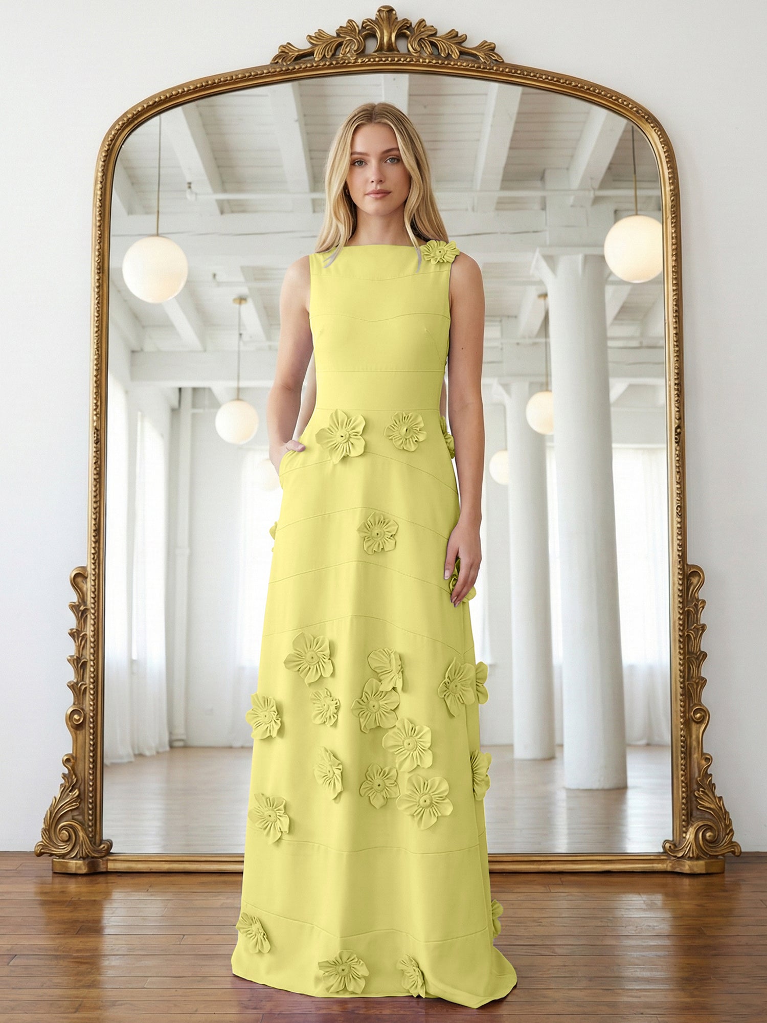 Lavender Boat Neck Formal Gown with Cascading 3D Flowers