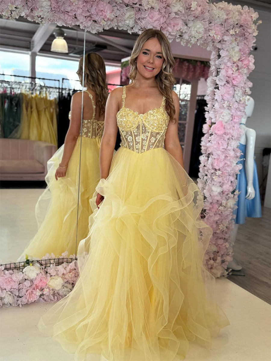 Dreamylily Prom Dress Yellow A-Line Empire-Waist Sweetheart Ruffles