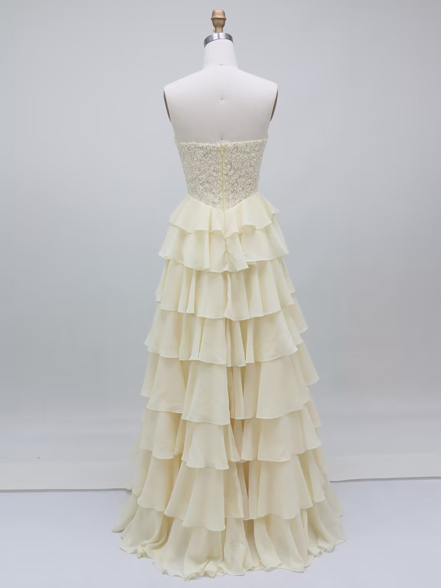Yellow A Line Strapless Corset Tiered Ruffle Prom Dress