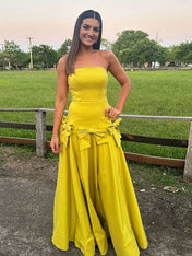 A Line Strapless Drop-Waist Prom Dress with Bow Accents