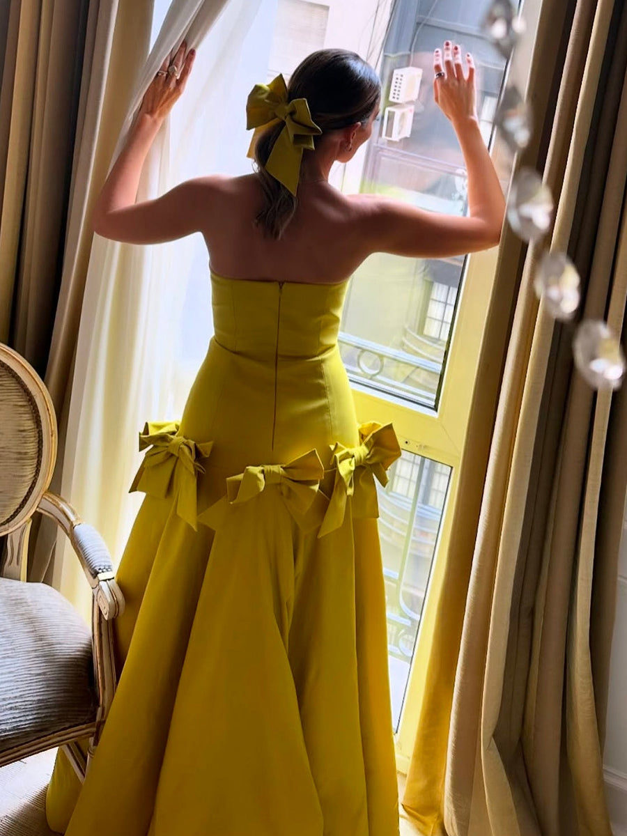 A Line Strapless Drop-Waist Prom Dress with Bow Accents