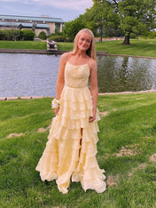 Yellow A Line Appliques Tiered Long Prom Dress with Slit