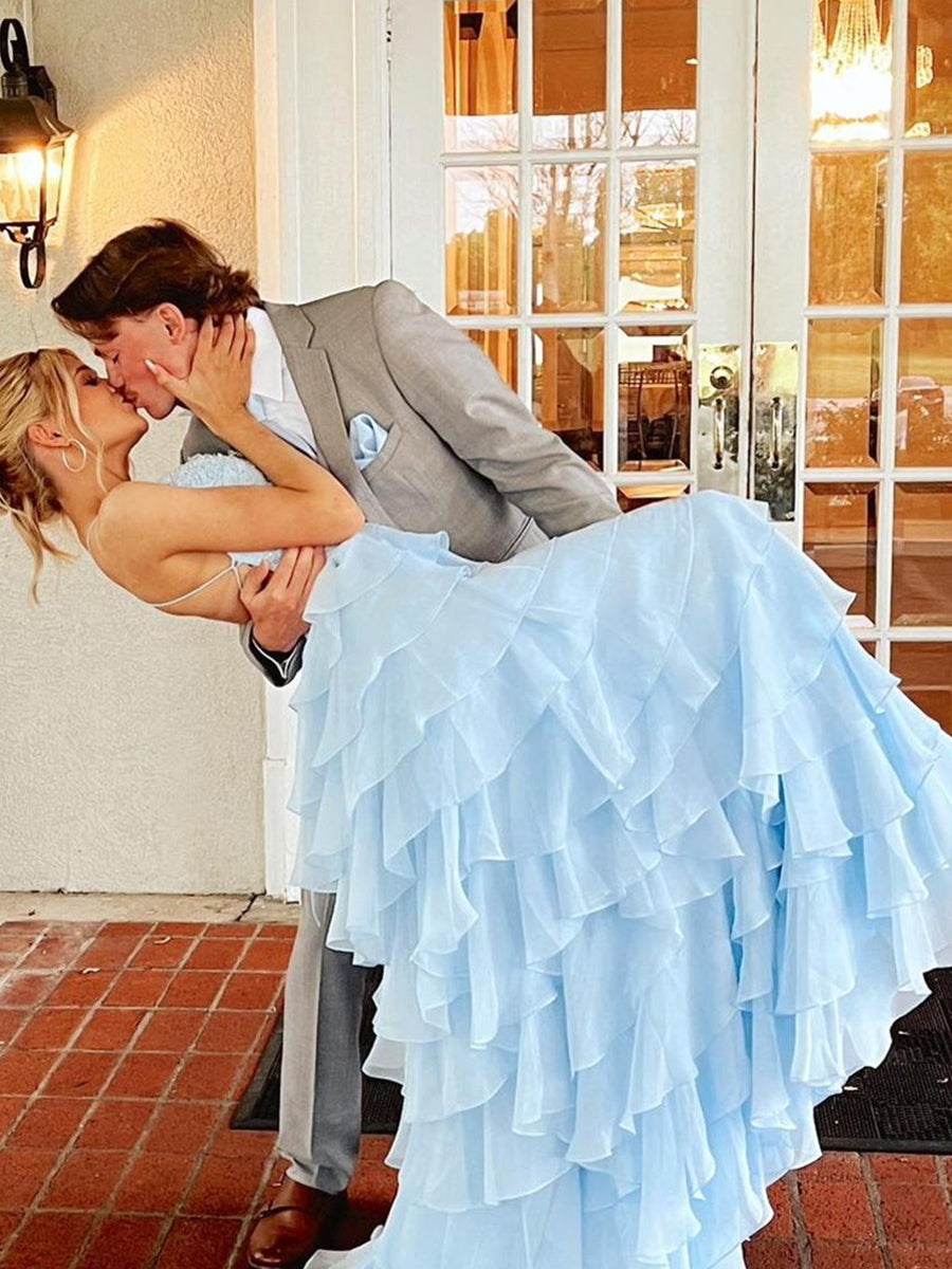 Yellow A Line Appliques Tiered Long Prom Dress with Slit