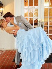 Yellow A Line Appliques Tiered Long Prom Dress with Slit
