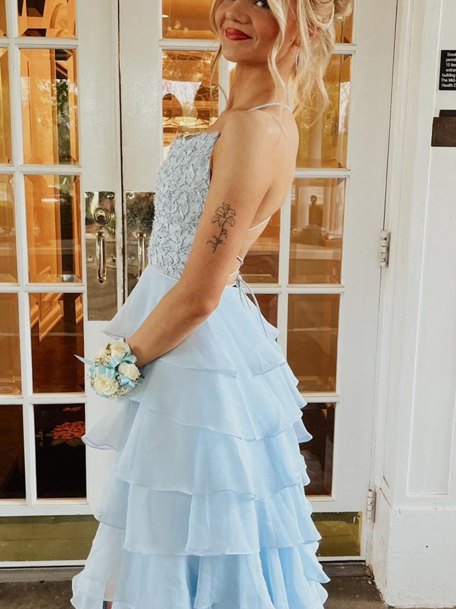 Yellow A Line Appliques Tiered Long Prom Dress with Slit