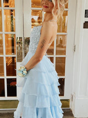 Yellow A Line Appliques Tiered Long Prom Dress with Slit