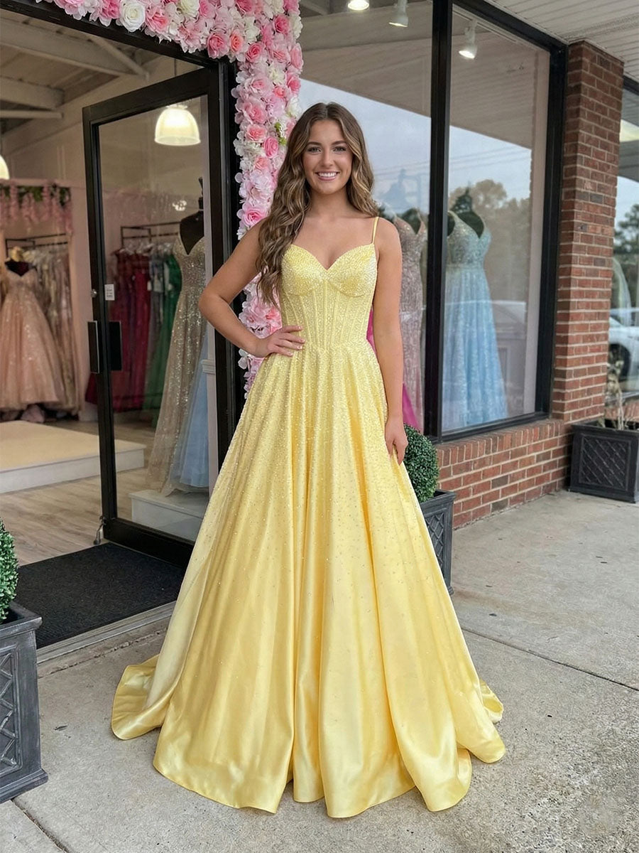 Yellow Beaded Corset Satin Long Prom Dress