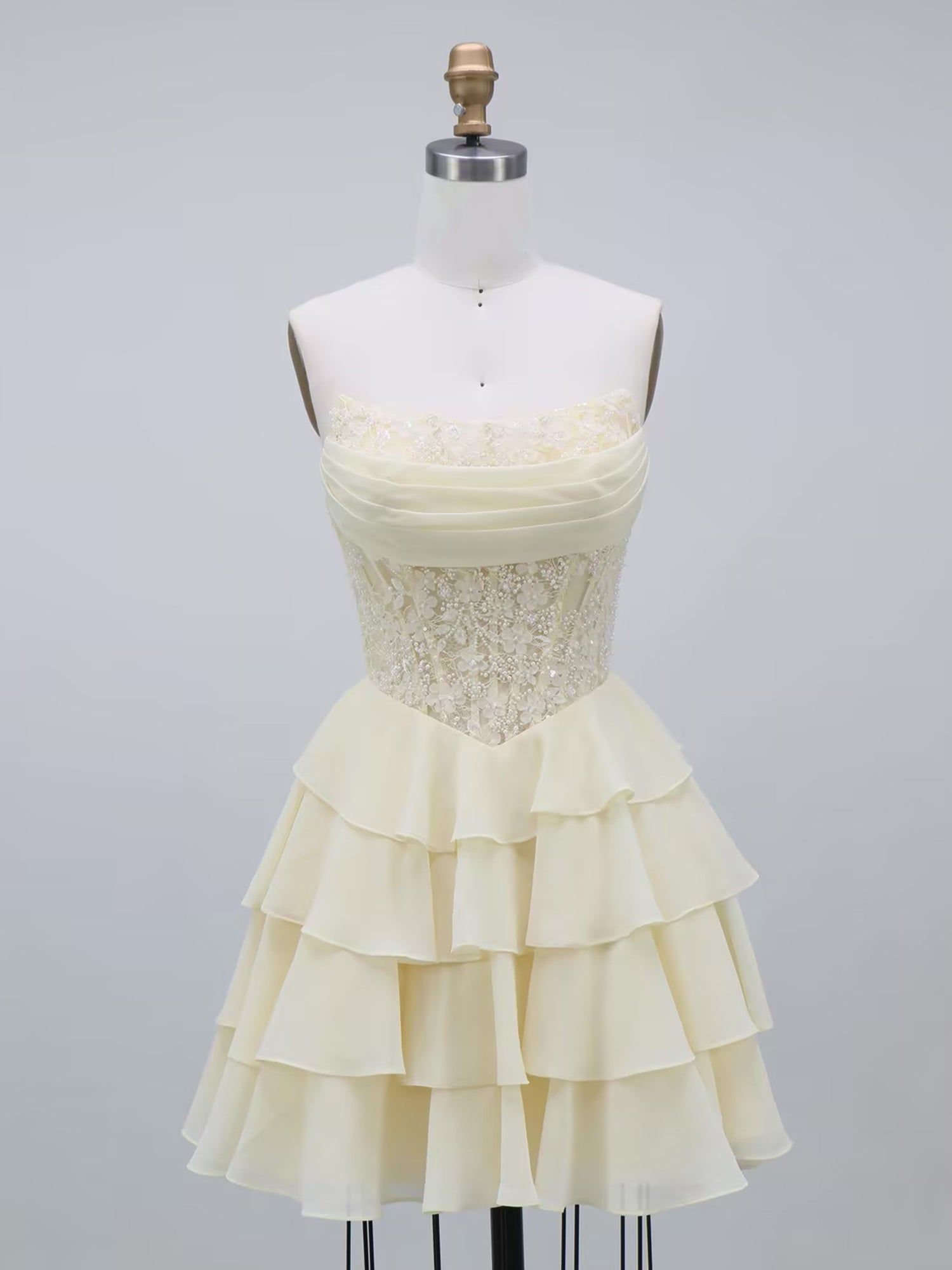 Dreamylily Women Yellow Beaded Corset Tiered Short Homecoming Dress