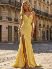 Yellow Beaded Halter Corset Prom Dress with High Slit