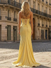 Yellow Beaded Halter Corset Prom Dress with High Slit