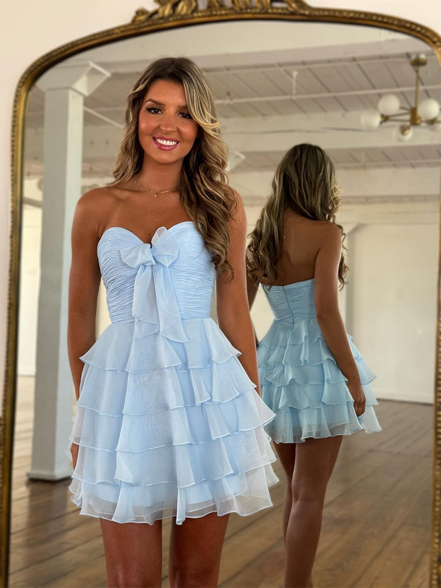 Yellow Chiffon A Line Tiered Short Homecoming Dress with Ruffles
