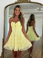 Yellow Chiffon A Line Tiered Short Homecoming Dress with Ruffles