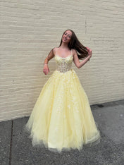 Yellow Floral A Line Lace Tulle Long Prom Dress with Appliqué