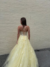 Yellow Floral A Line Lace Tulle Long Prom Dress with Appliqué