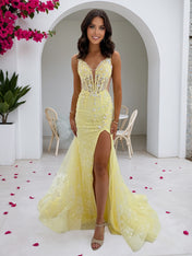Yellow Floral Beaded Sweetheart Corset Prom Dress with Slit