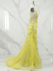 Yellow Floral Beaded Sweetheart Long Corset Prom Dress with Slit