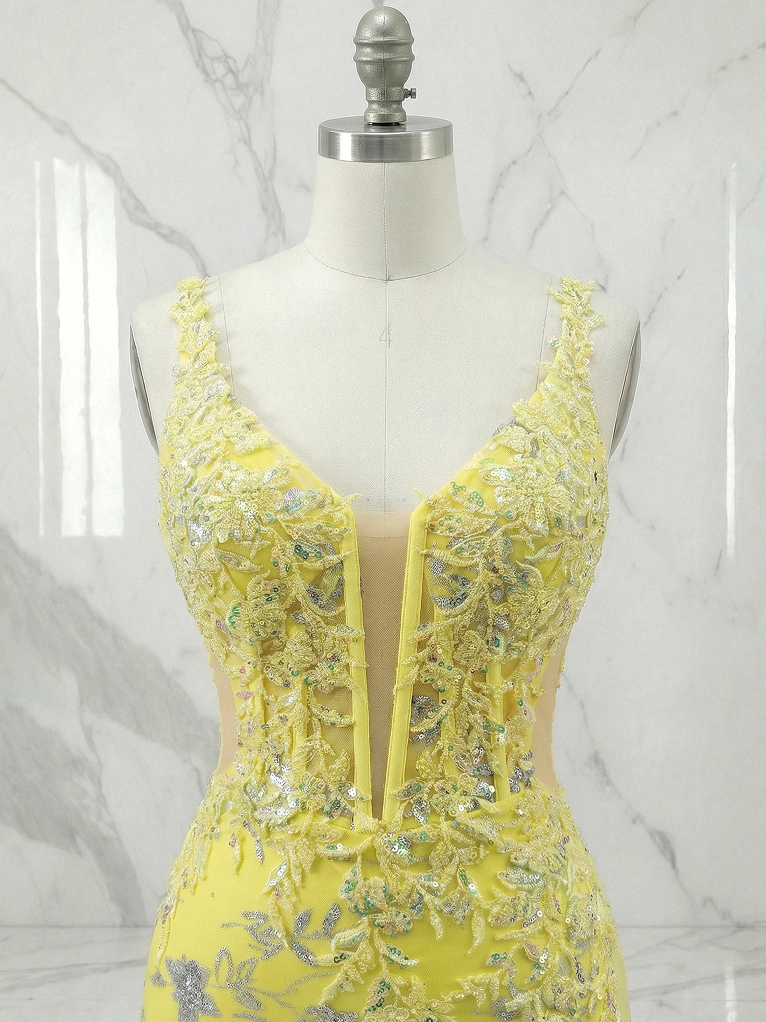 Yellow Floral Beaded Sweetheart Long Corset Prom Dress with Slit