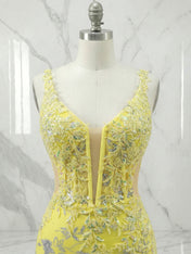 Yellow Floral Beaded Sweetheart Long Corset Prom Dress with Slit
