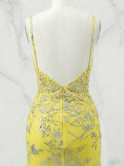 Yellow Floral Beaded Sweetheart Long Corset Prom Dress with Slit