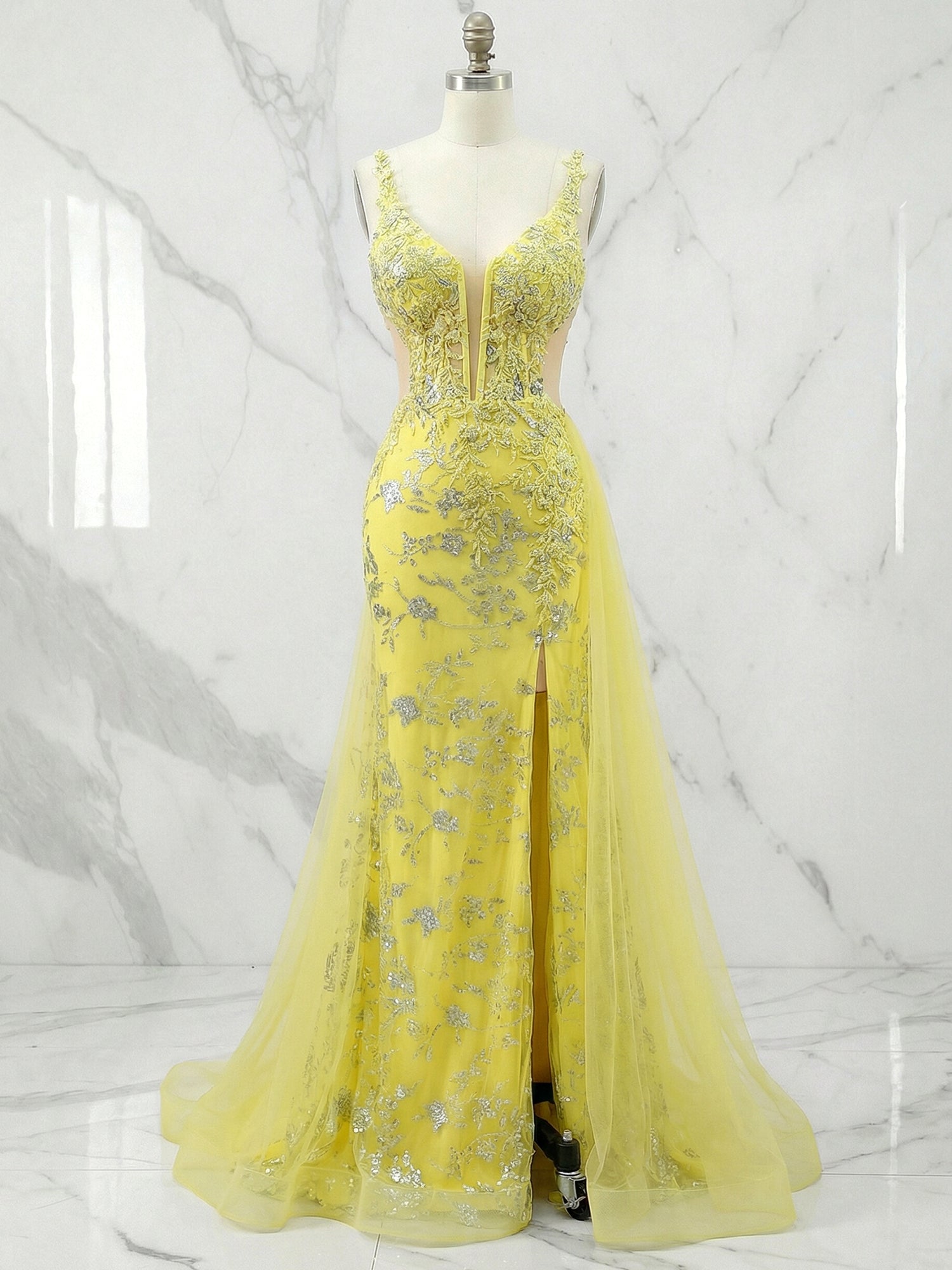 Yellow Floral Beaded Sweetheart Long Corset Prom Dress with Slit