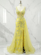 Yellow Floral Beaded Sweetheart Long Corset Prom Dress with Slit