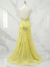 Yellow Floral Beaded Sweetheart Long Corset Prom Dress with Slit