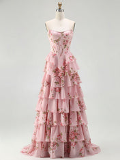Yellow Floral Corset Ruffled Long Prom Dress with Slit
