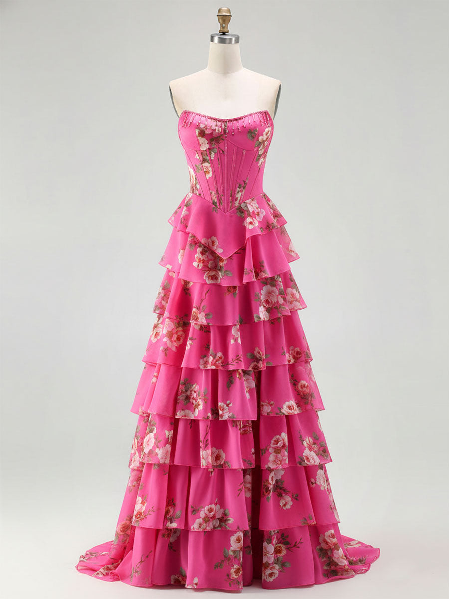 Yellow Floral Corset Ruffled Long Prom Dress with Slit