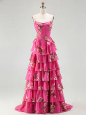 Yellow Floral Corset Ruffled Long Prom Dress with Slit