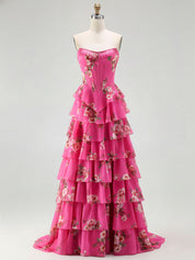 Yellow Floral Corset Ruffled Long Prom Dress with Slit