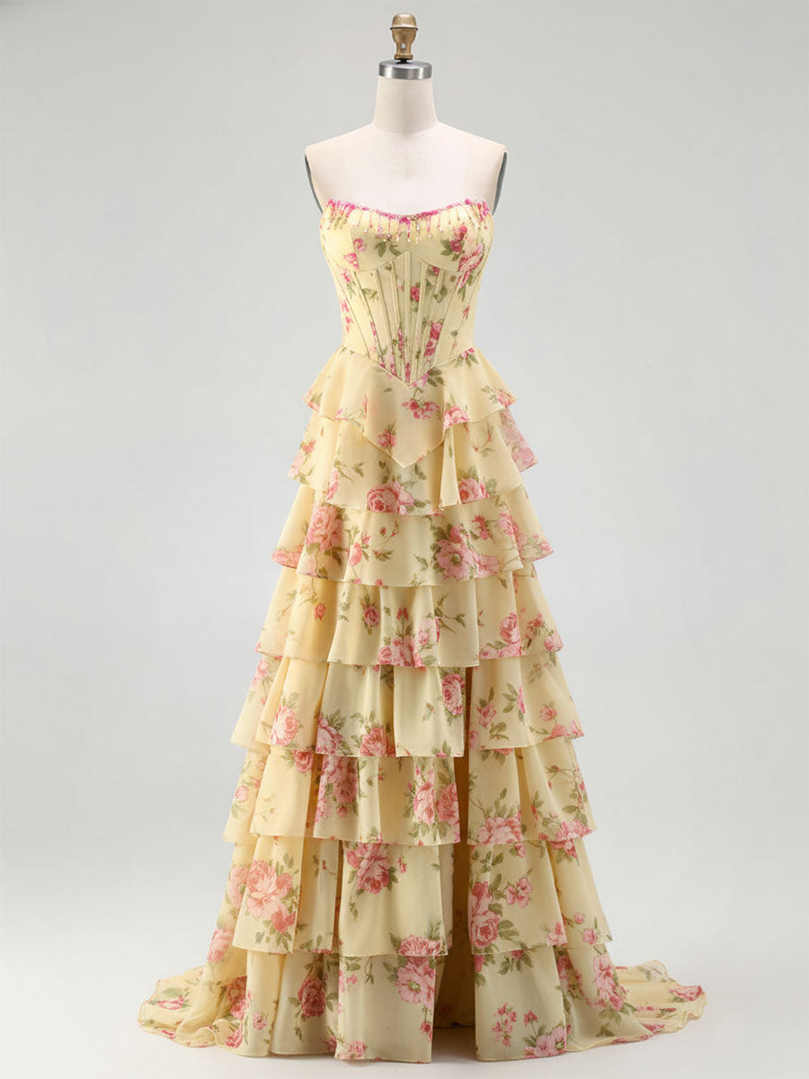 Yellow Floral Corset Ruffled Long Prom Dress with Slit