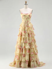 Sparkly Blue Floral Corset Ruffled Long Prom Dress with Slit