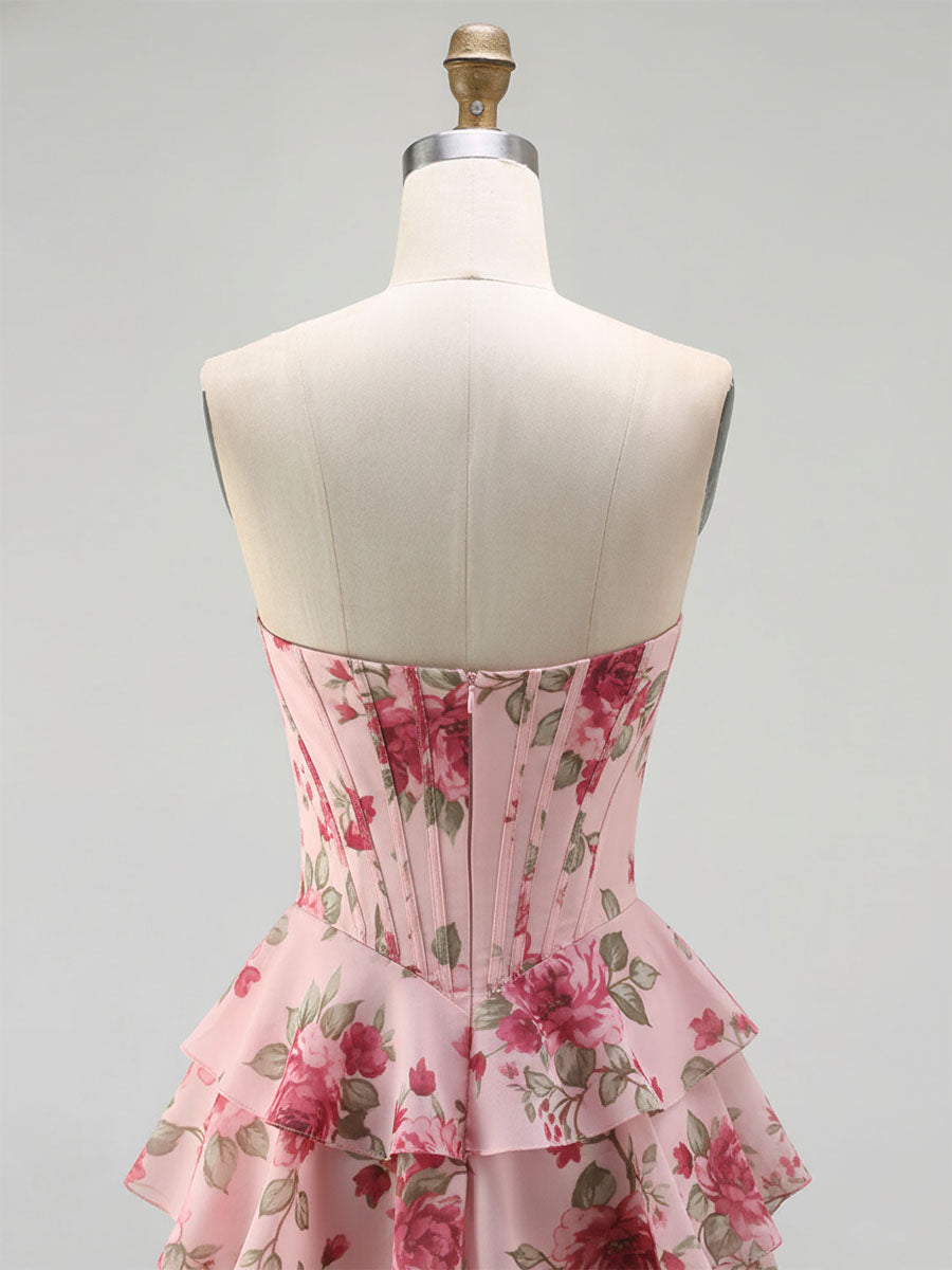 Yellow Floral Corset Ruffled Long Prom Dress with Slit