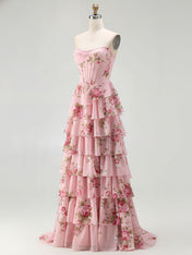Yellow Floral Corset Ruffled Long Prom Dress with Slit