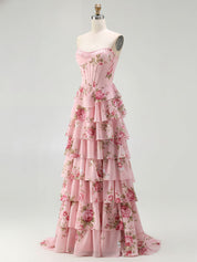 Yellow Floral Corset Ruffled Long Prom Dress with Slit