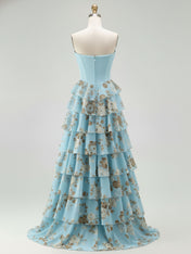 Blue Strapless Floral Print Tiered Ruffle Corset Prom Dress