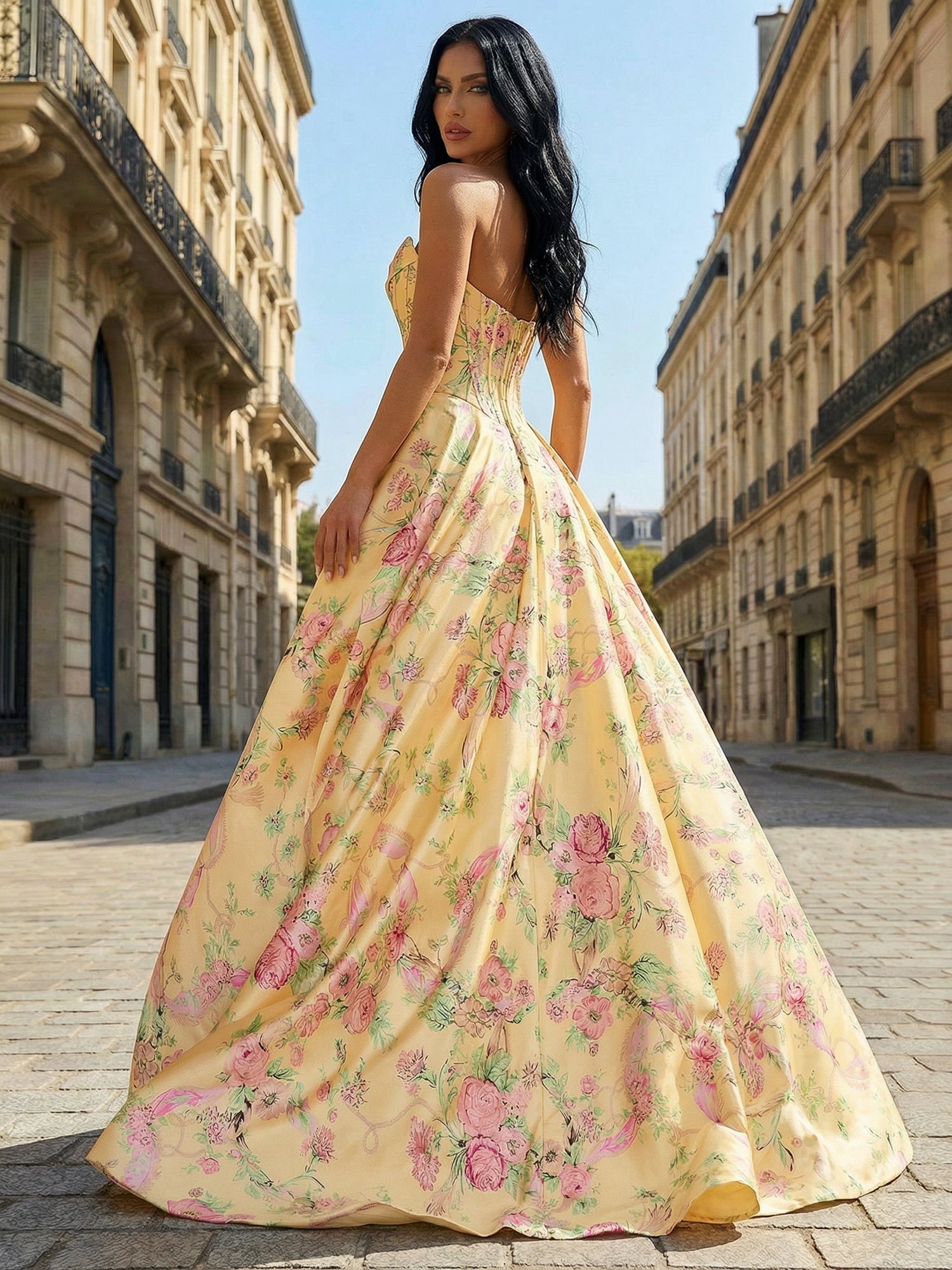 Yellow Floral Print A Line Strapless Satin Corset Prom Dress