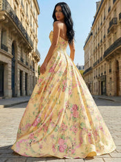 Yellow Floral Print A Line Strapless Satin Corset Prom Dress
