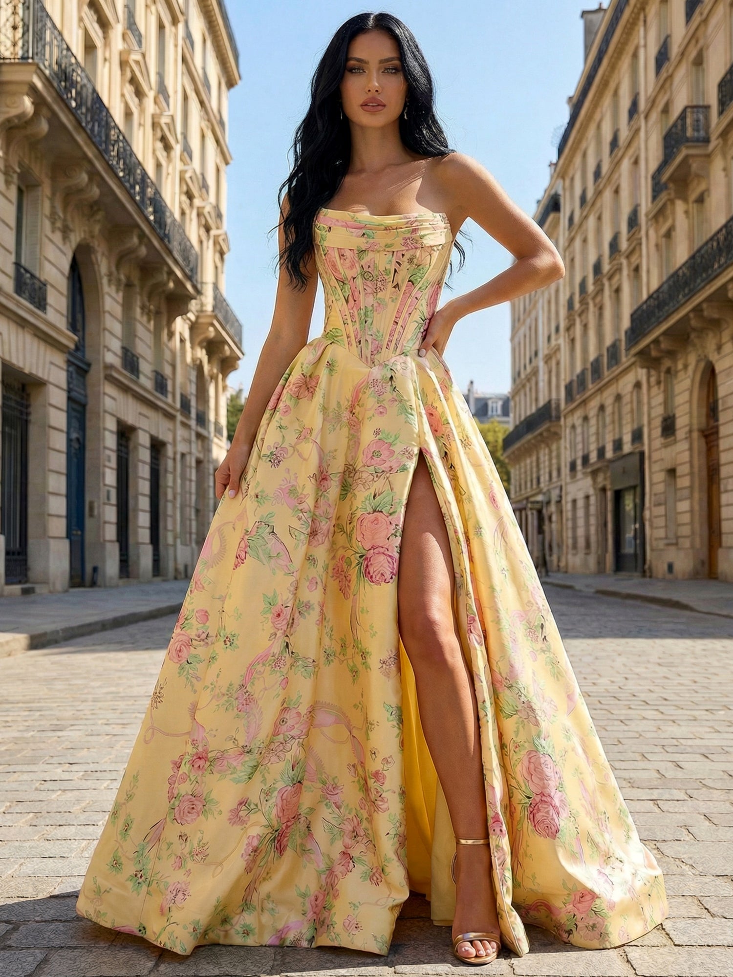 Yellow Floral Print A Line Strapless Satin Corset Prom Dress