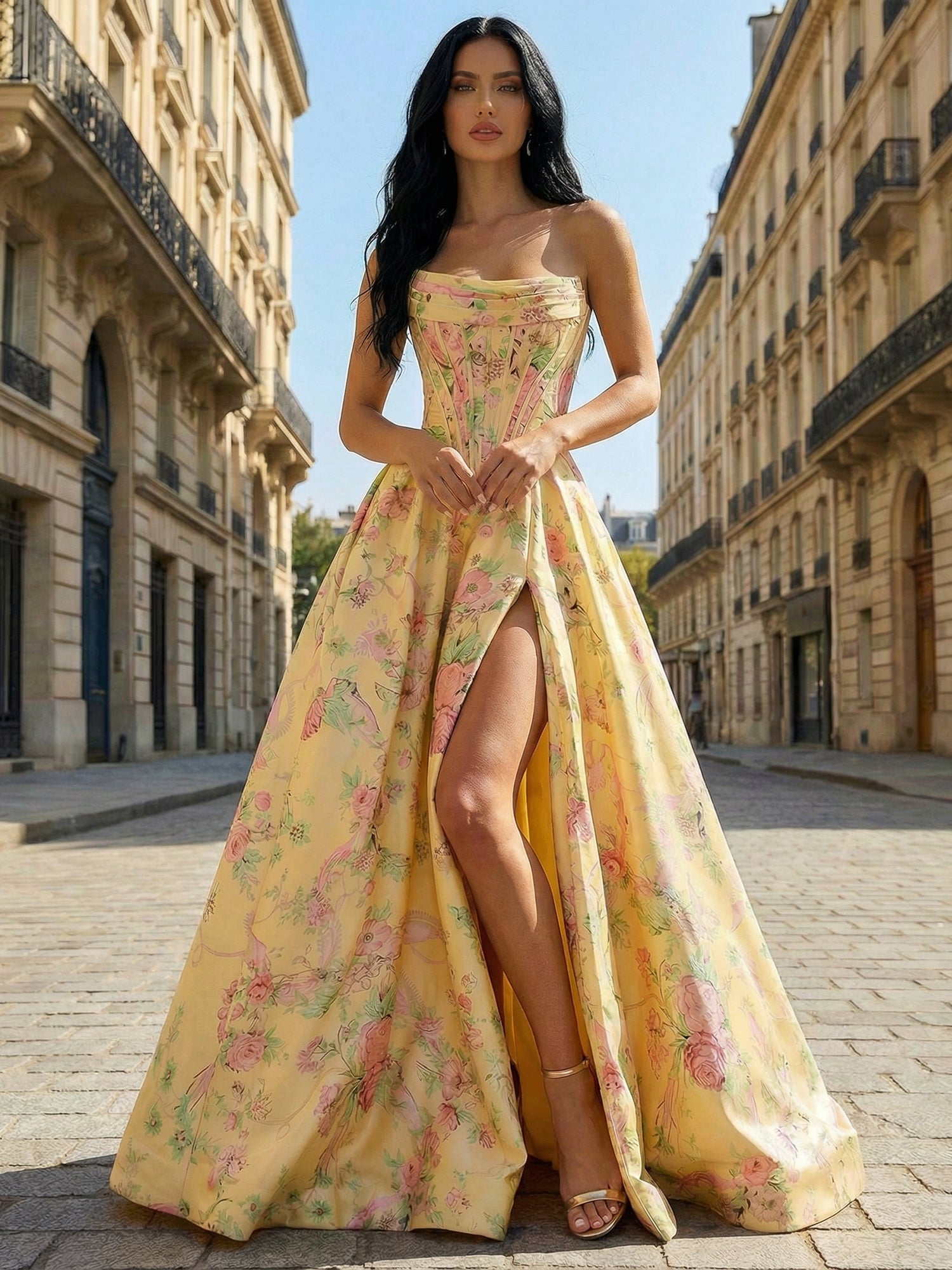 Yellow Floral Print A Line Strapless Satin Corset Prom Dress