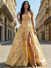 Yellow Floral Print A Line Strapless Satin Corset Prom Dress
