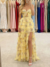 Yellow Floral Print Strapless Tiered Ruffles Long Prom Dress with Tie-Front Bow
