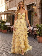 Yellow Floral Print Strapless Tiered Ruffles Long Prom Dress with Tie-Front Bow