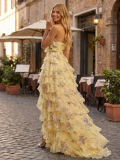 Yellow Floral Print Strapless Tiered Ruffles Long Prom Dress with Tie-Front Bow