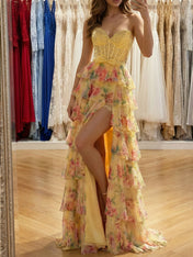 Yellow Floral Strapless Tiered Ruffle Corset Prom Dress with Bow