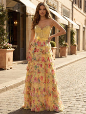 Yellow Floral Strapless Tiered Ruffle Corset Prom Dress with Bow