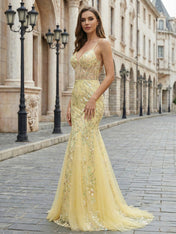 Yellow Floral Sweetheart Spaghetti Straps Corset Mermaid Prom Dress