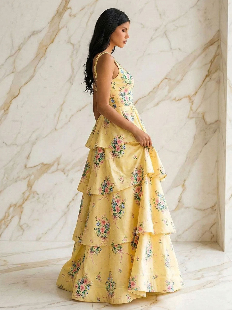 Yellow Floral Tiered A-Line Prom Dress with Braided Straps